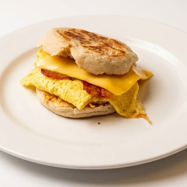 Breakfast sandwich with scrambled egg, bacon, and cheese on an English muffin, on a white plate.