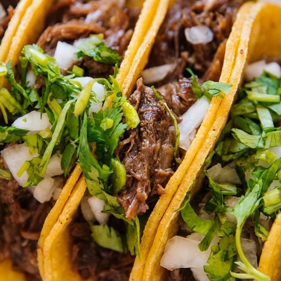 Close-up of several street tacos filled with shredded meat, diced onions, and cilantro.