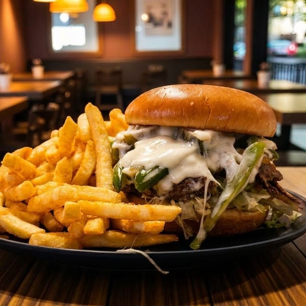A cheeseburger with green peppers and a side of french fries on a black plate in a restaurant.
