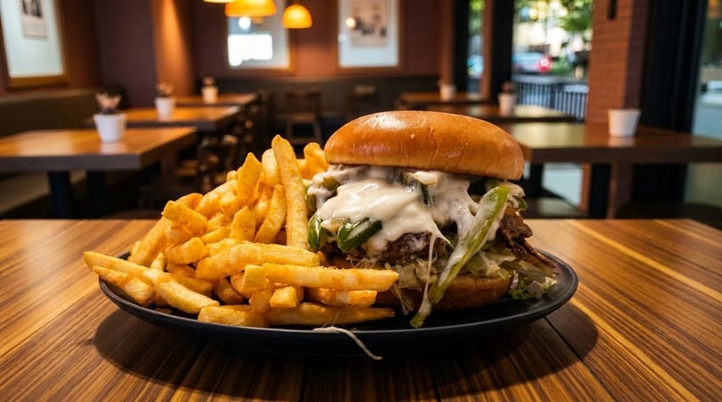 A large cheeseburger with melted white cheese and green peppers, served with a pile of fries.