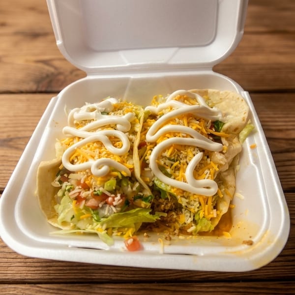 Two tacos with lettuce, cheese, and white sauce in a white takeout container on a wooden table.